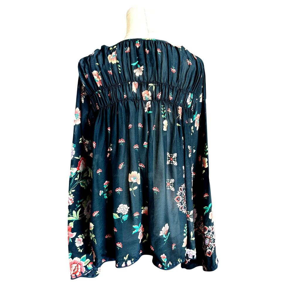 Johnny Was Floral Peasant Blouse Large Boho Tassel Tie Rayon Top Embellished - Picture 4 of 10